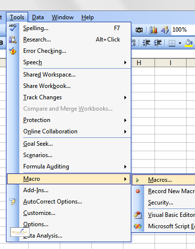 Choosing Tools Macros in Excel 2003