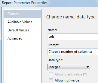 The report parameter for the columns