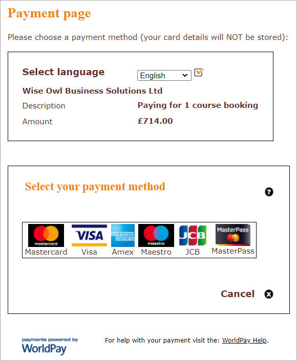 WorldPay payment page