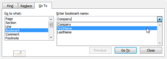 Go to bookmark dialog box