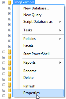Database properties menu