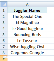 List of jugglers in Excel