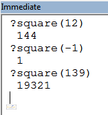 Three calls to the SQUARE function