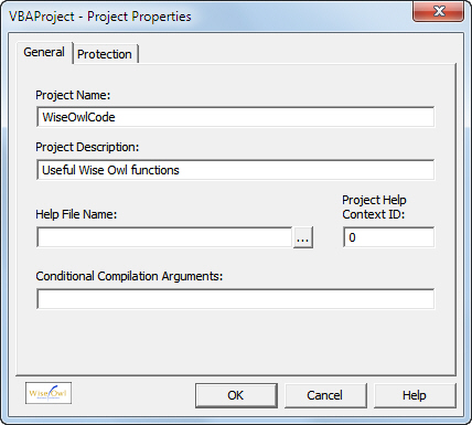 VBAProject properties dialog box