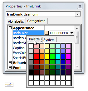 Palette tab of Colors tear-off