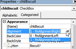 The Alignment property of a checkbox