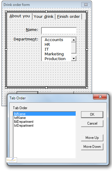 Tab order dialog box for one page