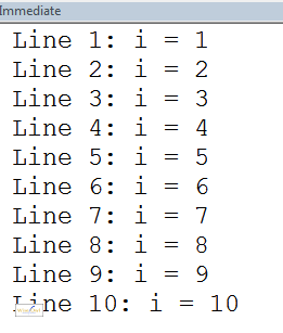 Immediate window showing numbers from 1 to 10