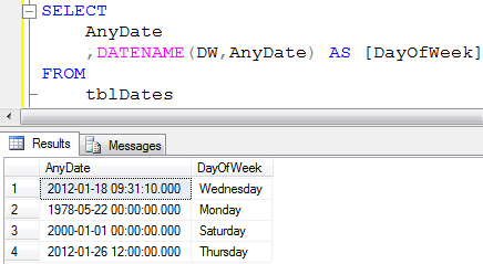 Using DATENAME to get day of week