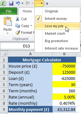 Choosing scenarios from toolbar