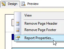 Short-cut report properties menu