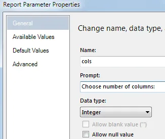 The report parameter for the columns