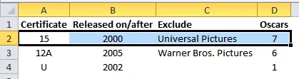 Films for first row of criteria