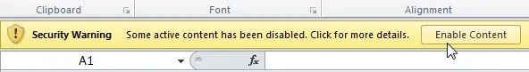 Enable content in Excel 2010