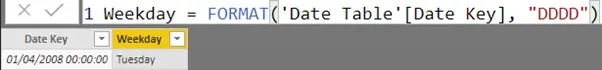 Power BI Weekday Date Calendar
