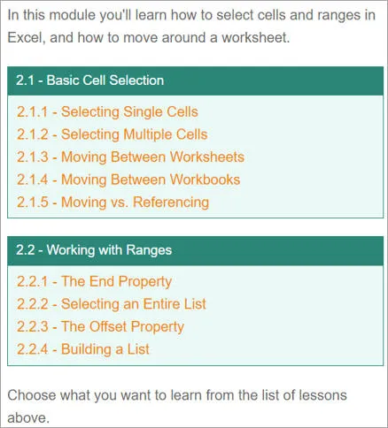 The topics in a module