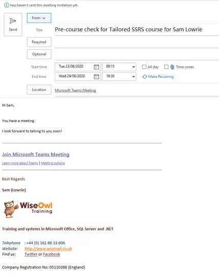 Wise Owl Training Outlook VBA Teams Meeting