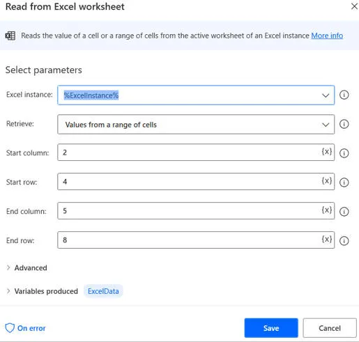 Excel read command