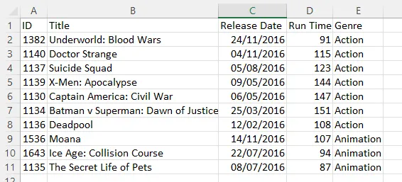 Excel movies workbook