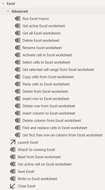 Excel actions