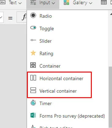 Containers menu