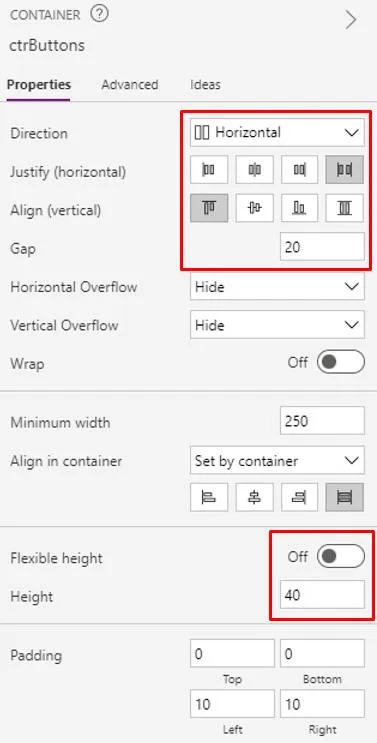 Horizontal container properties