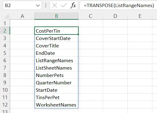 The list of range names