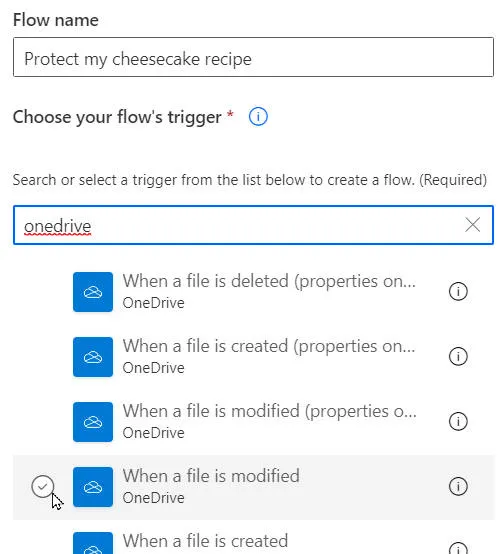 Choosing a OneDrive trigger