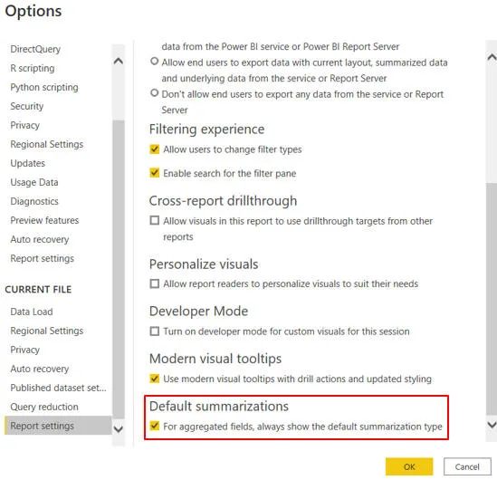 Options for default summarisations