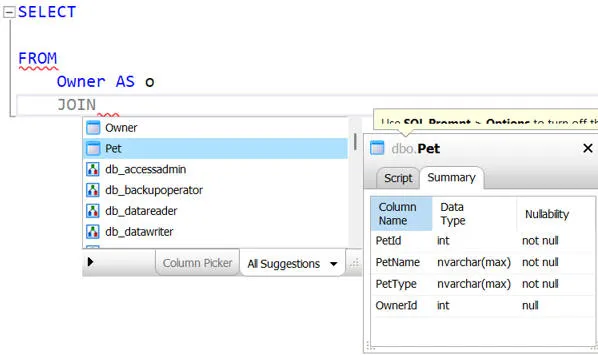 Suggesting tables