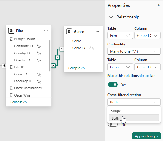 Changing the direction of a relationship in the model view of a Power BI Desktop report.