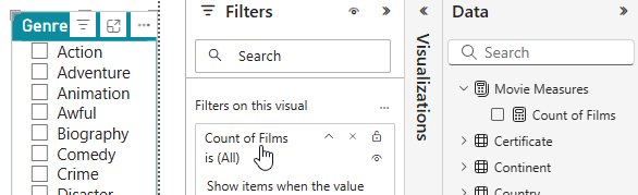 A slicer visual in Power BI Desktop with a measure added to the Filters on this visual area of the Filters pane.