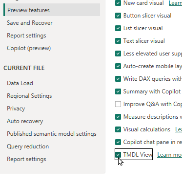 TMDL preview tick box