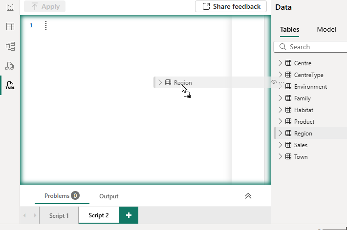 Dragging table onto TMDL script