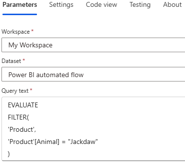 Power Automate dataset action parameters panel