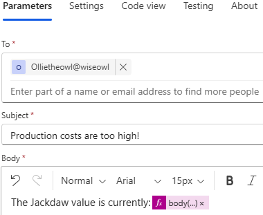 Power Automate send an email parameters panel