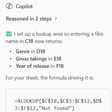 The XLOOKUP formula created The XLOOKUP formula created