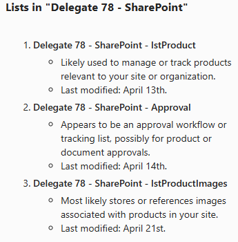 Summary of site lists Summary of site lists