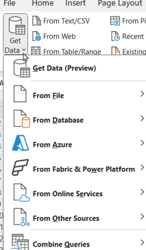 The Power Query menu in Excel The Power Query menu in Excel