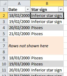 Calendar of star signs and dates