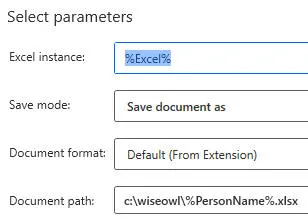 Save Excel parameters