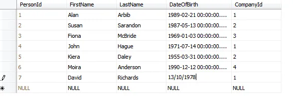 Records in tblPerson table