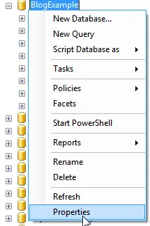 Database properties menu