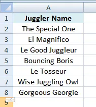 List of jugglers in Excel