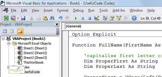 Example of add-in code in VBA