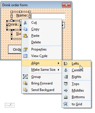 Three controls selected, with align menu