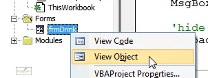 View object short-cut menu