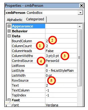 Properties of combo box