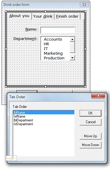 Tab order dialog box for one page