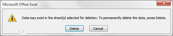 Message when try to delete a worksheet